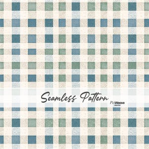 Può includere: Un motivo senza cuciture che presenta una griglia di quadrati alternati in tonalità di blu, verde e crema. Il design include un effetto testurizzato e tratteggiato all'interno dei quadrati. Il testo Seamless Pattern e PixWeave Creative è visibile.