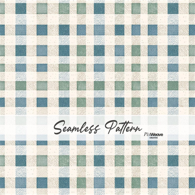 Winter patchwork check seamless pattern featuring blue, sage green, teal, cream, and beige textured fabric squares arranged in a quilt-inspired grid, creating a cozy cottagecore textile design for sewing, quilting, and fabric printing.
