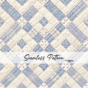 May include: A seamless quilt pattern featuring a repeating design of light blue and cream-colored squares and diamonds. The pattern includes floral and plaid elements, with the text "Seamless Pattern" across the image.