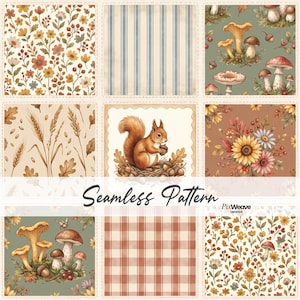 May include: A digital collage of nine square tiles featuring seamless patterns including floral prints, blue stripes, mushrooms on green, wheat stalks, a squirrel with an acorn, sunflowers, and a red plaid design with the text Seamless Pattern PixWeave.