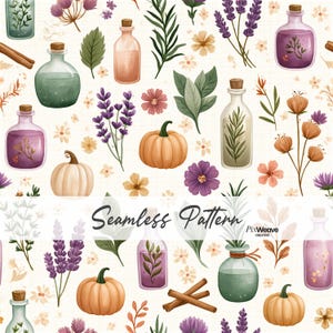 Puede incluir: Un patrón continuo con ilustraciones de botellas de vidrio llenas de líquidos coloridos, calabazas naranjas, ramas de lavanda, hojas verdes, flores pequeñas y ramas de canela. El texto Seamless Pattern y PixWeave Creative es visible.