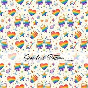 May include: Seamless pattern featuring rainbow-colored hearts, stars, champagne glasses, and hand claps on a cream background. The design includes musical notes and confetti, creating a celebratory and festive theme. The text "Seamless Pattern" is also included.