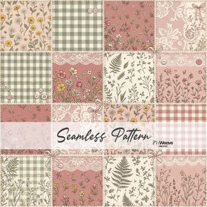 Könnte beinhalten: Ein Patchwork-Design mit floralen, Vichy- und Spitzenmustern in zarten Rosa-, Creme- und Grüntönen. Das Design umfasst botanische Illustrationen, Schleifen und Knöpfe. Der Text "Seamless Pattern" ist zu sehen.