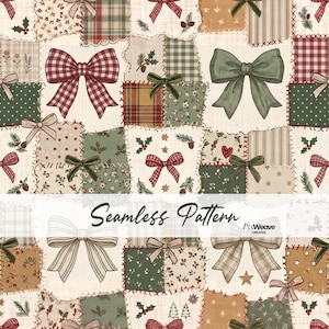 May include: A seamless pattern featuring a patchwork design of squares with various holiday motifs including red and white gingham bows, green bows, holly, pine branches, and plaid prints. The text Seamless Pattern and PixWeave Creative is visible.