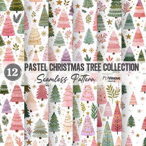 Peut inclure: Une collection numérique de 12 motifs sans couture présentant des sapins de Noël de style aquarelle dans des tons pastel rose, vert et violet sur fond blanc, agrémentés d'étoiles, de points et de feuillages dorés. Texte : 12 PASTEL CHRISTMAS TREE COLLECTION Seamless Pattern PixWeave CREATIVE.