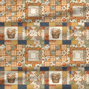 Vintage autumn quilt fabric featuring pumpkin blocks and cottagecore elements