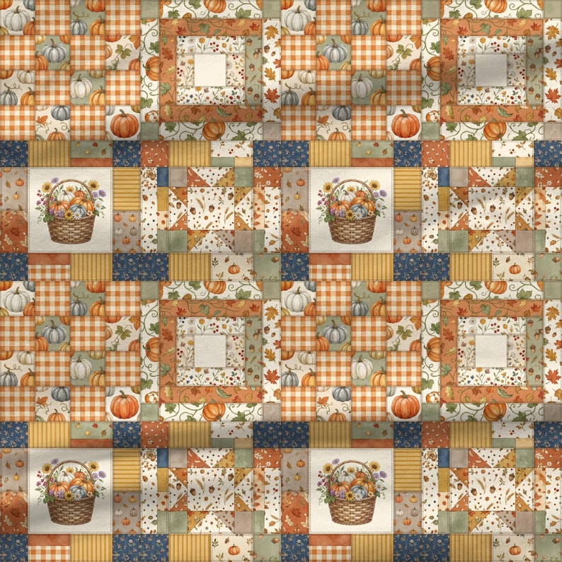Vintage autumn quilt fabric featuring pumpkin blocks and cottagecore elements