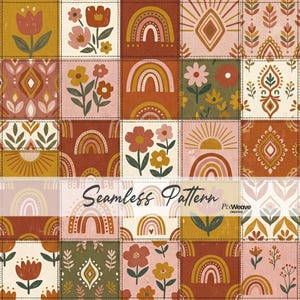 May include: A seamless pattern with a patchwork design. It features floral and rainbow motifs in orange, pink, and green. The text "Seamless Pattern" is displayed across the center. The design has a boho or vintage aesthetic.