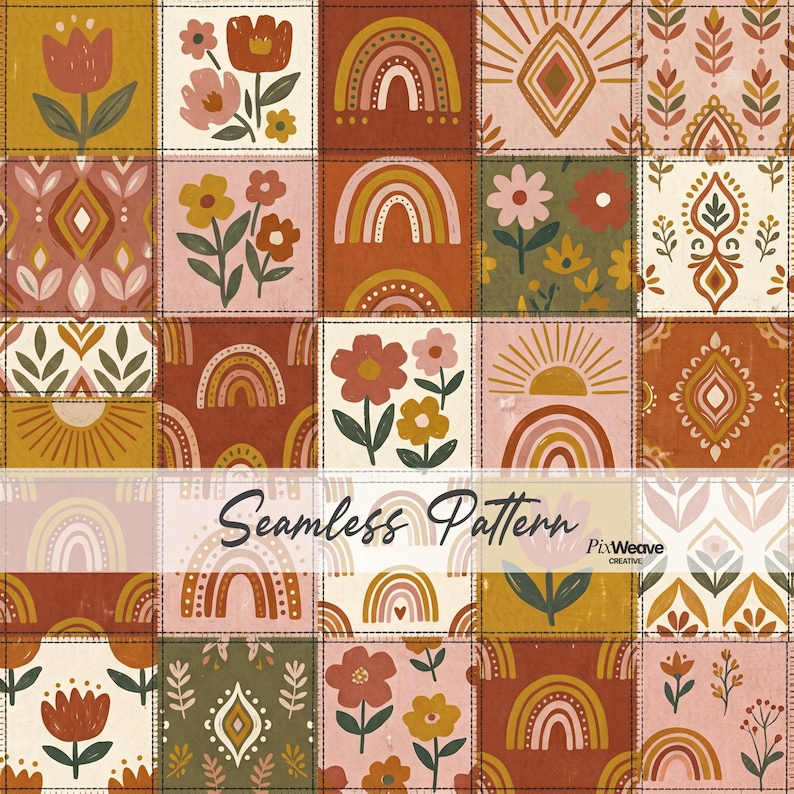 boho rainbow patchwork seamless pattern with retro floral quilt blocks in earthy tones