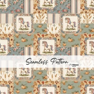 Peut inclure: Un motif sans couture présentant un design en patchwork répétitif avec des illustrations de poneys portant des couronnes de fleurs, des citrouilles, des épis de blé et des feuilles d'automne dans des tons de vert sauge, crème et brun. Le texte Seamless Pattern PixWeave Creative est superposé.