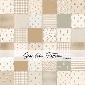 May include: A seamless pattern design featuring a patchwork of squares in various beige and tan hues. Each square has a different pattern, including floral, gingham, and star motifs. The text "Seamless Pattern" is displayed across the center.