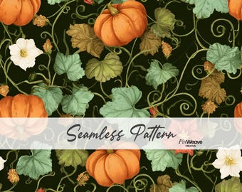 Patrón sin costuras de enredaderas de calabaza estilo cottagecore oscuro, tela floral vintage de cosecha, papel digital botánico rústico de otoño