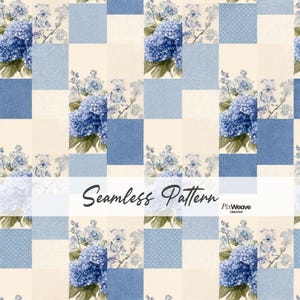 May include: A seamless pattern featuring a grid of alternating squares in shades of cream and blue, with some squares displaying blue hydrangea floral clusters and others showing subtle blue textures. The text Seamless Pattern PixWeave Creative appears.