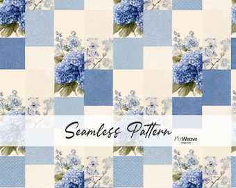 Patrón sin costuras de patchwork de hortensias azules, tela floral estilo cottagecore, papel digital vintage para patchwork, decoración grandmillennial