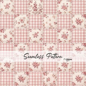 May include: A seamless pattern featuring a patchwork design with alternating squares of pink gingham and floral prints. The floral squares showcase roses and other flowers in shades of pink and cream. The text "Seamless Pattern" is displayed.