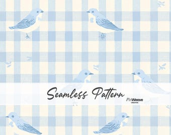 Estampado sin costuras de cuadros azules, tela con estampado de pájaros estilo cottagecore, papel digital a cuadros estilo granja, estampado vintage para habitación infantil.