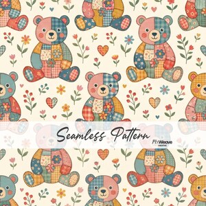 Könnte beinhalten: Ein nahtloses Muster mit Patchwork-Teddybären in Blau-, Rosa-, Orange- und Gelbtönen, durchsetzt mit kleinen Blumen und Herzen auf cremefarbenem Grund. Der Text Seamless Pattern und PixWeave Creative ist zentriert.