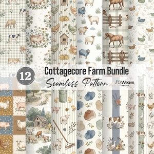 Peut inclure: Ensemble de 12 motifs sans couture "Cottagecore Farm Bundle". Les motifs présentent des illustrations d'animaux de la ferme, tels que des vaches, des moutons, des cochons et des poulets, ainsi que des éléments de paysage rural. La palette de couleurs comprend des verts, des bleus et des bruns doux.