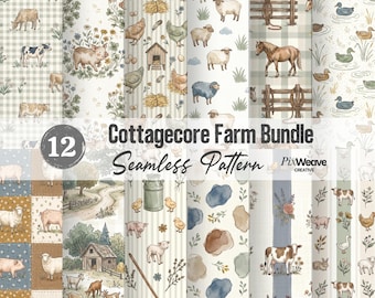 Cottagecore Farm Animals Seamless Pattern Bundle (12 Pack), Baby Nursery Fabric, Rustic Country Digital Paper, Scrapbook Set