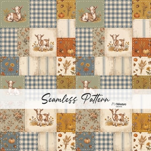 Op de afbeelding: Een naadloos patroon met een patchworkontwerp van vierkante tegels. De tegels tonen illustraties van geitjes, pompoenen, eikels, korenaren en bloemmotieven in bruin-, blauw- en crèmetinten. De tekst Seamless Pattern PixWeave Creative is eroverheen geplaatst.