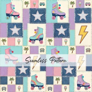 May include: A seamless pattern featuring colorful roller skates, stars, palm trees, ice cream cones, and a lightning bolt. The design incorporates patchwork squares in pastel colors, with the text "Seamless Pattern" across the center.
