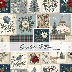 Può includere: Un design in tessuto in stile patchwork caratterizzato da una griglia ripetitiva di quadrati con illustrazioni a tema invernale, tra cui stelle di Natale, alberi di pino, una piccola casa nella neve, un uccello e motivi scozzesi. Appare il testo Seamless Pattern PixWeave Creative.