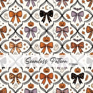 May include: A seamless pattern featuring a repeating grid of black curved lines on a cream background. The design includes orange, black, and purple bows, jack-o'-lanterns, small ghosts, bats, crescent moons, stars, and autumn leaves.