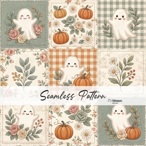 Motivo patchwork vintage di Halloween senza cuciture, tessuto con simpatici fantasmi e zucche, carta digitale per quilting in stile cottagecore, motivo autunnale spettrale