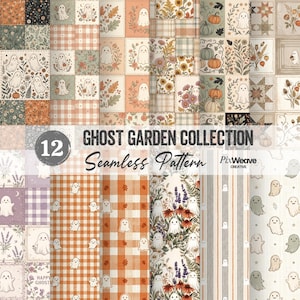 Può includere: Una collezione digitale di 12 motivi senza cuciture intitolata Ghost Garden Collection. I design presentano motivi ripetitivi di fantasmi, zucche, foglie autunnali, fiori di campo e texture a quadri in una tavolozza tenue di arancione, crema e verde.