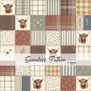 Op de afbeelding: Een naadloos patchworkpatroon met vierkanten met illustraties van Highland-runderen, ruiten, strepen, bloemmotieven, korenaren, sterren en harten in gedempte aardetinten. De tekst Seamless Pattern en PixWeave Creative is zichtbaar.