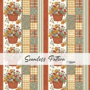 Nahtloses Muster für einen Herbsterntekorb, digitales Vintage-Patchworkpapier, herbstlicher Cottagecore-Stoffdruck, florales Bauernhausmotiv