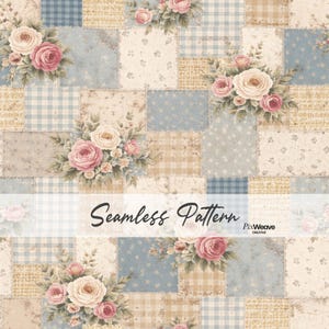 Könnte beinhalten: Ein nahtloses Muster mit einem Patchwork-Design. Die Quadrate weisen Karomuster, florale und unifarbene Texturen in Blau, Beige und Creme auf. Büschel aus rosa und cremefarbenen Rosen sind über das Muster verstreut. Der Text "Seamless Pattern" wird angezeigt.