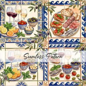 May include: Seamless pattern featuring a Mediterranean theme. The design includes wine glasses, plates of food like bruschetta and olives, and sprigs of olive branches. The background is a tile pattern with blue and white accents.