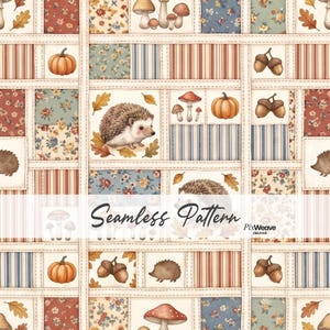 Könnte beinhalten: Ein nahtloses Muster mit einem Patchwork-Gitter aus herbstlichen Illustrationen wie Igeln, Kürbissen, Eicheln, Pilzen und Blumenmustern in gedeckten Farben. Der Text Seamless Pattern und PixWeave Creative ist darübergelegt.