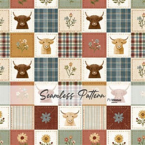 May include: A seamless pattern featuring a grid of squares with illustrations of Highland cattle heads, various wildflowers, and plaid textures in shades of brown, blue, green, and cream. The text Seamless Pattern and PixWeave Creative is visible.