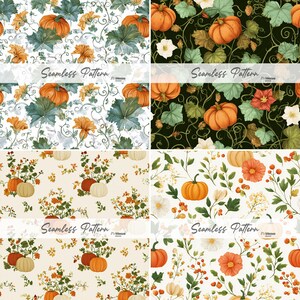 Seamless harvest fabric collection with farmhouse stripes and botanical patterns