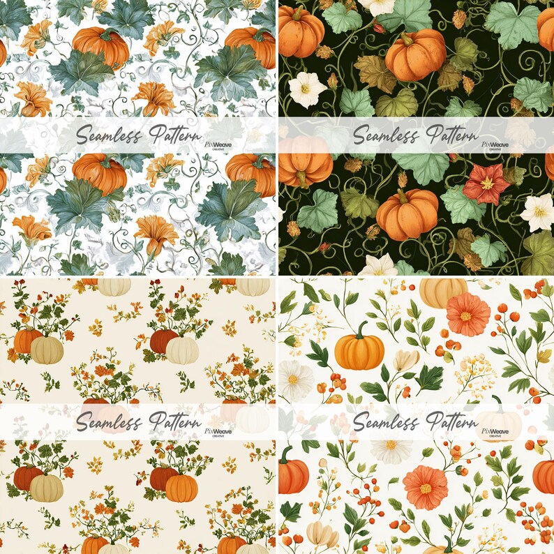 Seamless harvest fabric collection with farmhouse stripes and botanical patterns