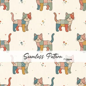 Pode incluir: Um padrão contínuo apresentando gatos estilizados com corpos em estilo patchwork em tons suaves de azul, vermelho, verde e amarelo. Os gatos estão dispostos sobre um fundo creme com pequenos motivos florais e de corações. O texto Seamless Pattern PixWeave Creative aparece.