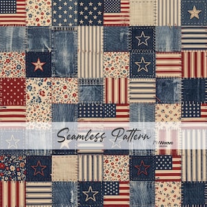 May include: A patchwork design featuring squares of denim, floral, striped, and American flag patterns in red, white, and blue. The design includes embroidered stars and the text "Seamless Pattern".