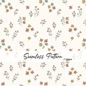 Può includere: Un motivo senza cuciture con un design botanico ripetuto su sfondo color crema. L'illustrazione include piccole foglie, rametti e bacche di colore arancione, giallo e verde salvia. Il testo Seamless Pattern e PixWeave Creative è visibile.