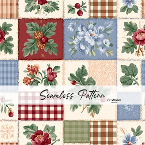 Könnte beinhalten: Ein nahtloses Muster mit einem Gitter aus quadratischen Feldern, das verschiedene Designs zeigt, darunter rot-weißes Vichy-Karo, braun-weißes Schottenmuster, blaue Blumenarrangements, rote Rosen mit grünen Blättern und rote Beeren auf cremefarbenem Grund.