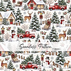 May include: A seamless pattern featuring a winter landscape with red trucks, snow-covered houses, deer wearing scarves, snowmen, wooden sleds, and street lamps. The design includes evergreen trees, holly berries, and snowflakes on a white background.