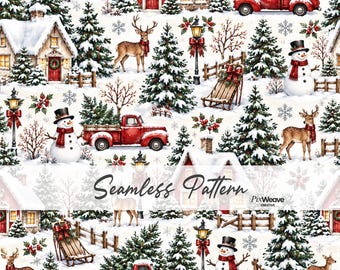 May include: A seamless pattern featuring a winter landscape with red trucks, snow-covered houses, deer wearing scarves, snowmen, wooden sleds, and street lamps. The design includes evergreen trees, holly berries, and snowflakes on a white background.