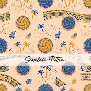 May include: A seamless pattern with volleyballs, palm trees, and decorative borders in blue, yellow, and beige. The text "Seamless Pattern" is displayed. The design has a beach or tropical theme. The pattern is suitable for fabric or wallpaper.