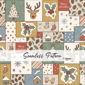 May include: A patchwork-style seamless pattern featuring Christmas motifs including reindeer, holly, pinecones, stockings, mittens, snowflakes, and houses. The design uses a muted color palette of red, green, blue, and cream with stitched borders.