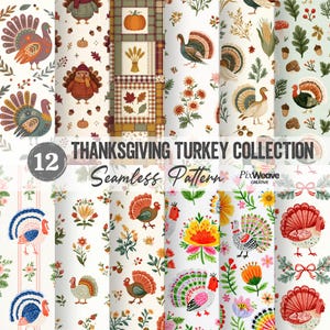 Pode incluir: Uma coleção digital de 12 padrões sem costura com motivos de perus de Ação de Graças, folhas de outono, abóboras, bolotas e elementos florais. O texto diz 12 THANKSGIVING TURKEY COLLECTION Seamless Pattern.