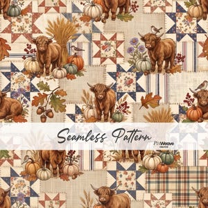 Könnte beinhalten: Ein nahtloses Stoffmuster mit braunen Hochlandrindern, Kürbissen, Weizengarben, Eicheln und Herbstblättern in einem Patchwork-Design mit Blumen- und Streifenquadraten. Der Text Seamless Pattern und PixWeave Creative ist sichtbar.