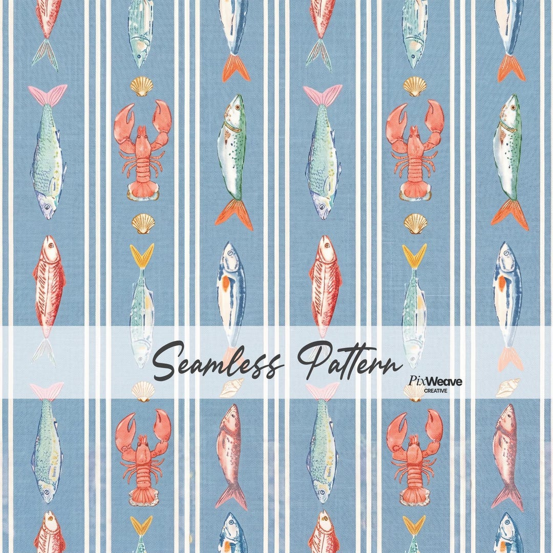 Fish Stripes Pattern Coastal Fish Lobster Seamless Pattern, Nautical Seafood Stripe Fabric ...