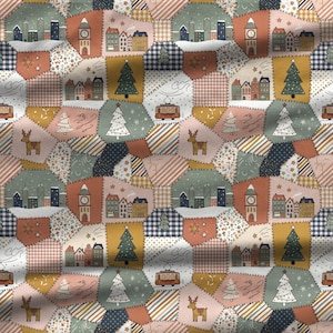 Vintage Christmas quilt fabric pattern featuring festive village scenes, Christmas trees, reindeer, holiday motifs and colorful patchwork blocks.