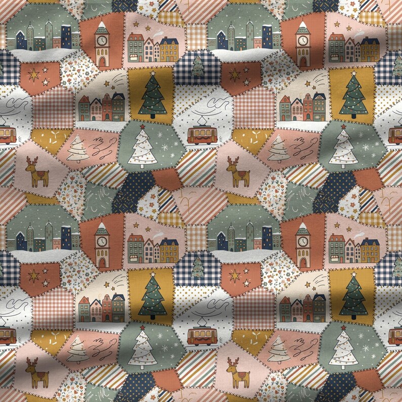 Vintage Christmas quilt fabric pattern featuring festive village scenes, Christmas trees, reindeer, holiday motifs and colorful patchwork blocks.